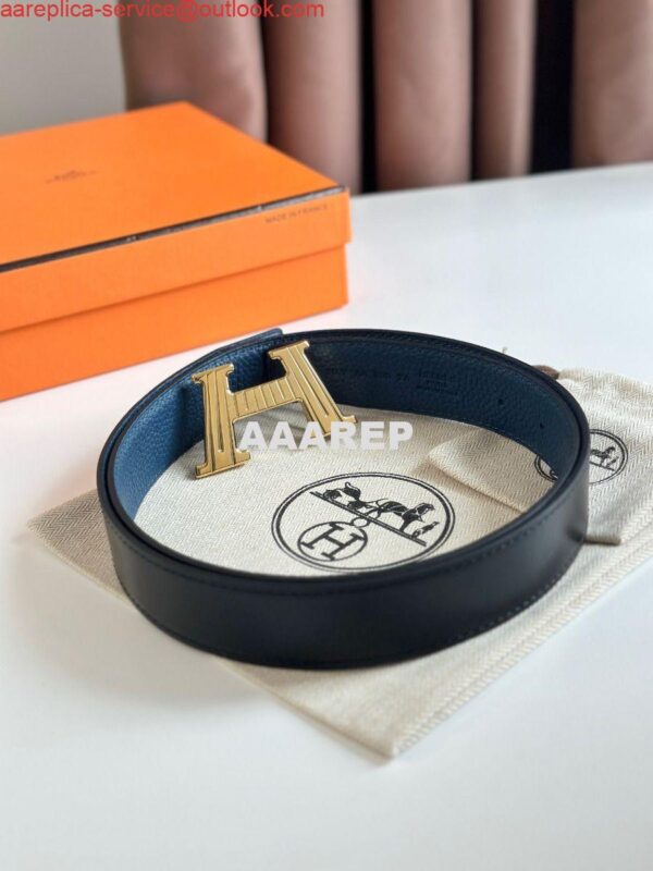 Replica Hermes H Take Off Reversible Belt 32MM in Blue Clemence Leather 8