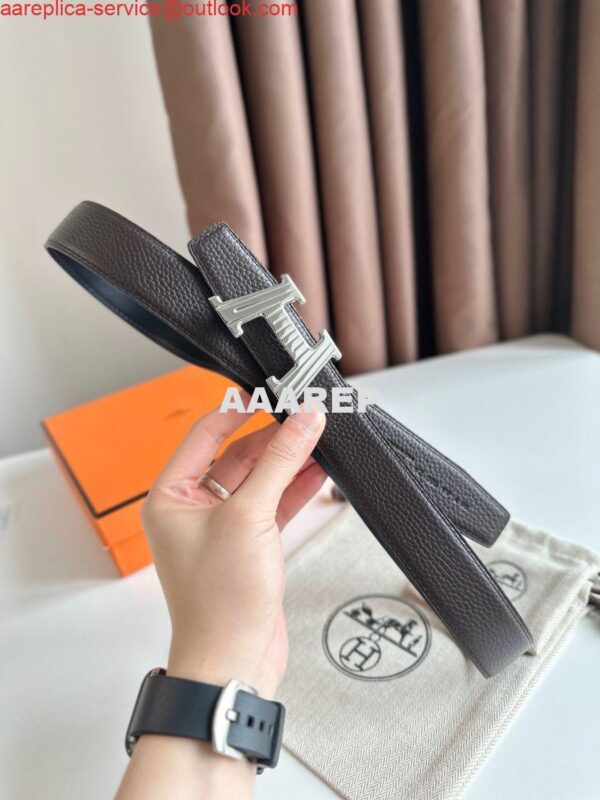 Replica Hermes H Take Off Reversible Belt 32MM in Chocolate Clemence Leather 3