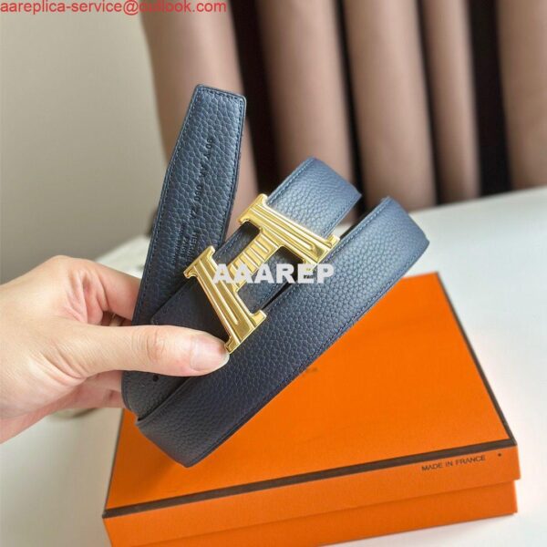 Replica Hermes H Take Off Reversible Belt 32MM in Dark Blue Clemence Leather 3