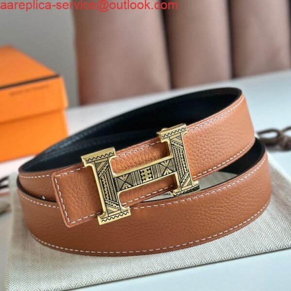 Replica Hermes H Touareg Reversible Belt 32MM in Gold Clemence Leather 3