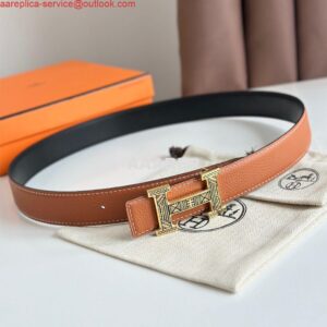 Replica Hermes H Touareg Reversible Belt 32MM in Gold Clemence Leather 2