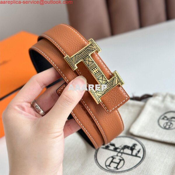 Replica Hermes H Touareg Reversible Belt 32MM in Gold Clemence Leather 5