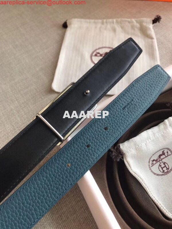 Replica Hermes Officier Reversible 38mm Belt In Blue Clemence Leather 4