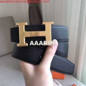 Replica Hermes H Reversible Belt In Grey/Black Swift Leather 2