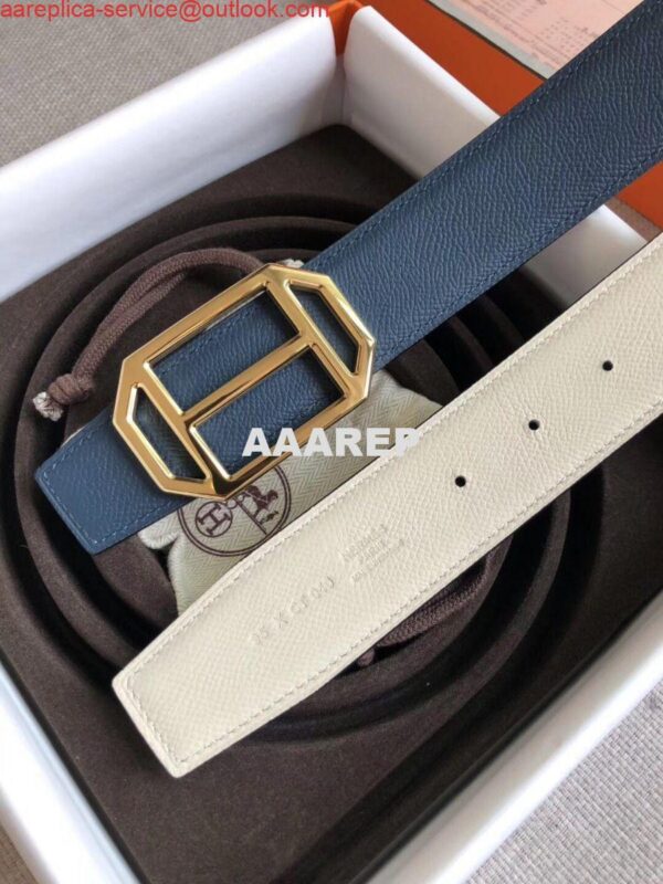 Replica Hermes Pad Reversible Belt In Blue/White Epsom Leather 5