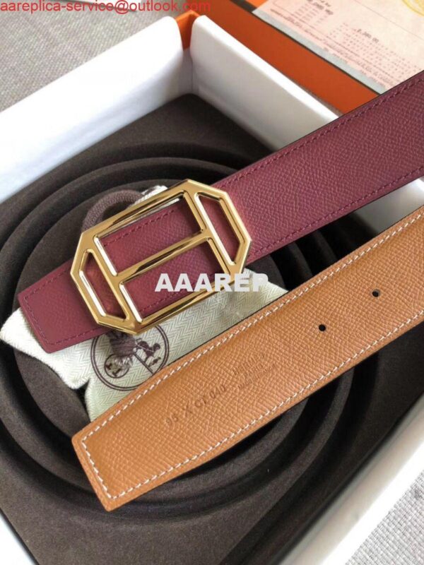 Replica Hermes Pad Reversible Belt In Ruby/Brown Epsom Leather 3