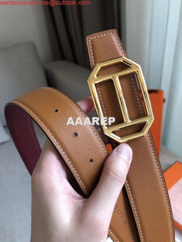 Replica Hermes Pad Reversible Belt In Ruby/Brown Epsom Leather 6