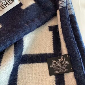 Replica Hermes Avalon III Throw Blanket in Blue Wool and Cashmere