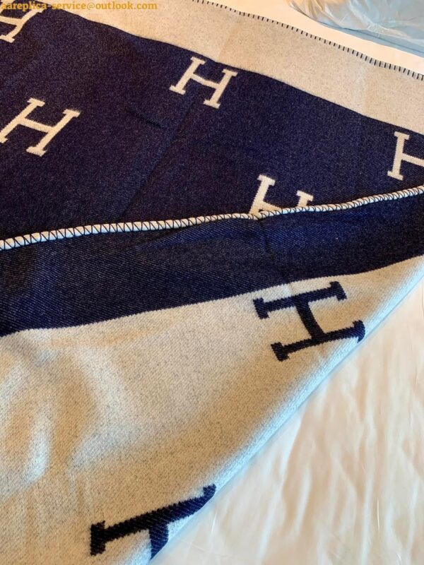 Replica Hermes Avalon Throw Blanket in Blue Wool and Cashmere 5