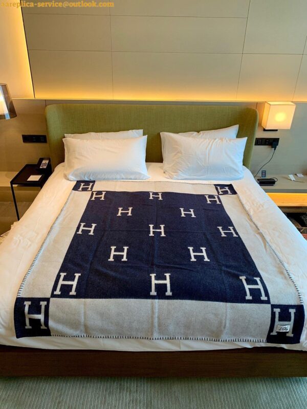 Replica Hermes Avalon Throw Blanket in Blue Wool and Cashmere 8