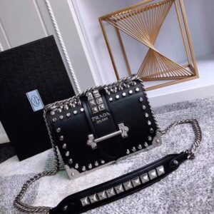 Replica Prada Cahier Black Leather Shoulder Bag with Studded