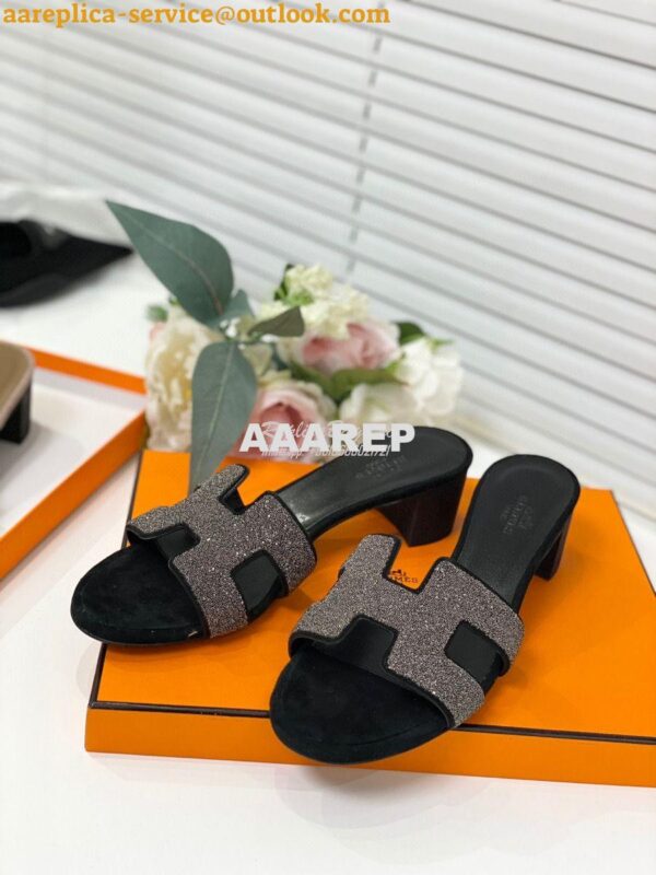 Replica Hermes Oasis Sandals with Silver Crystals in Black 3