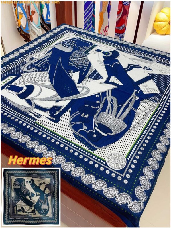 Replica Hermes Blue Zouaves et Dragons Bandana Shawl 140 6