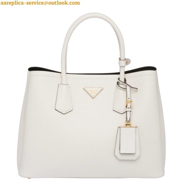 Replica Prada Double Medium Tote Bag In White Saffiano Leather