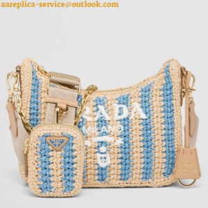 Replica Prada Re-Edition 2005 Bag In Beige and Blue Stripe Raffia