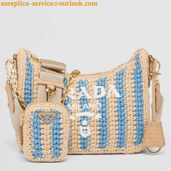 Replica Prada Re-Edition 2005 Bag In Beige and Blue Stripe Raffia 4