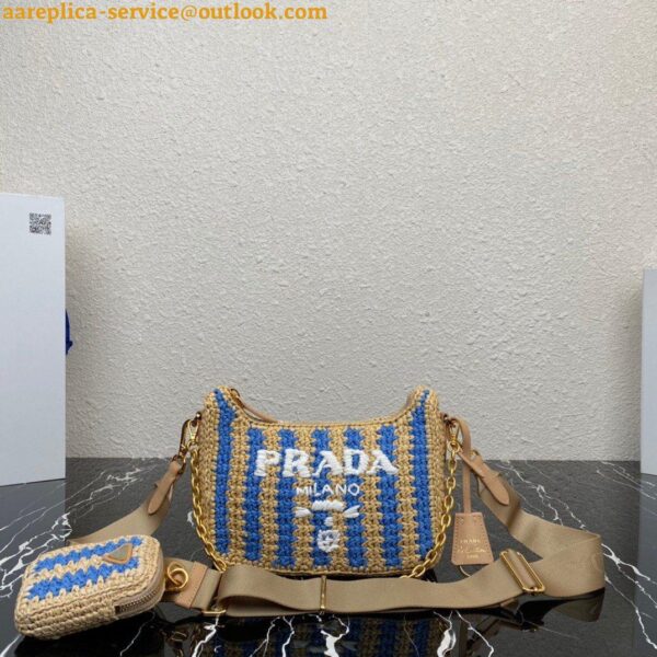 Replica Prada Re-Edition 2005 Bag In Beige and Blue Stripe Raffia 8