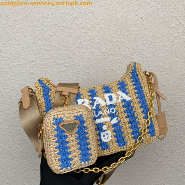 Replica Prada Re-Edition 2005 Bag In Beige and Blue Stripe Raffia 9