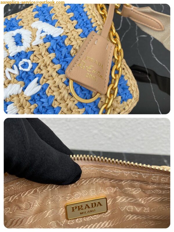 Replica Prada Re-Edition 2005 Bag In Beige and Blue Stripe Raffia 10