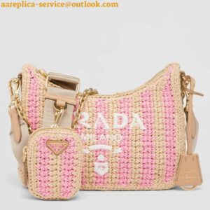 Replica Prada Re-Edition 2005 Bag In Beige and Pink Stripe Raffia