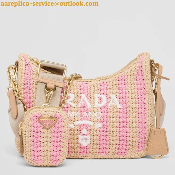 Replica Prada Re-Edition 2005 Bag In Beige and Pink Stripe Raffia 4