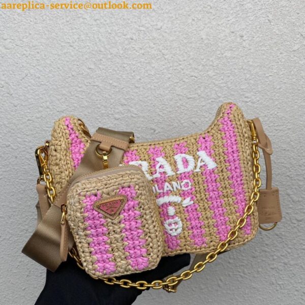 Replica Prada Re-Edition 2005 Bag In Beige and Pink Stripe Raffia 13