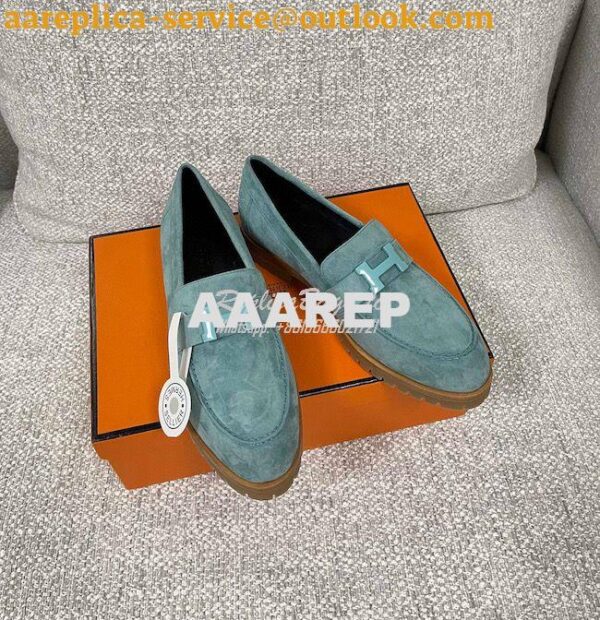 Replica Hermes Faubourg loafer in Suede Goatskin H222252Z Bleu Pinède 4