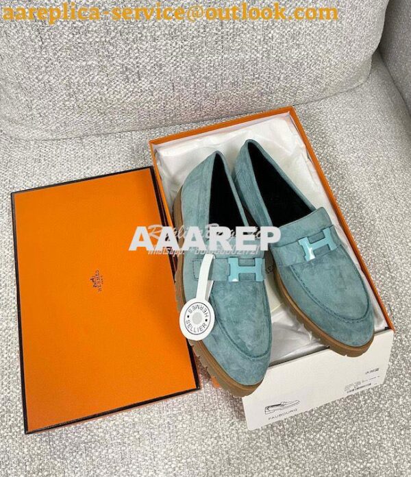Replica Hermes Faubourg loafer in Suede Goatskin H222252Z Bleu Pinède 5
