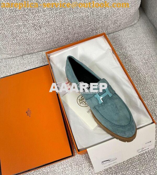 Replica Hermes Faubourg loafer in Suede Goatskin H222252Z Bleu Pinède 6
