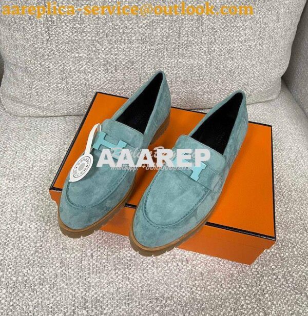 Replica Hermes Faubourg loafer in Suede Goatskin H222252Z Bleu Pinède 7