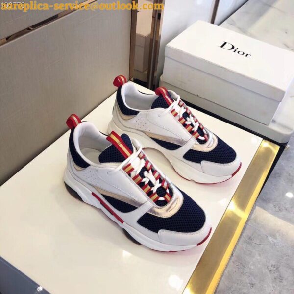 Replica Dior Men's B22 Sneakers In White Leather and Blue Mesh 7