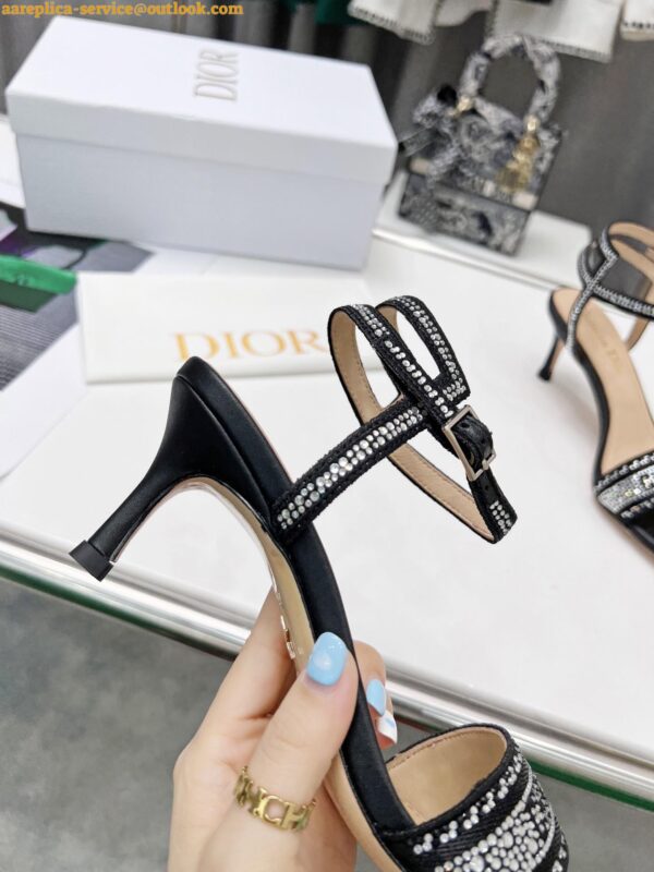 Replica Dior Dway Heeled Sandals In Black Cotton with Strass 9