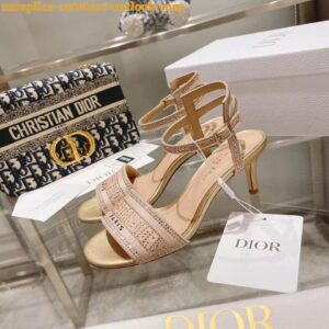 Replica Dior Dway Heeled Sandals In Gold Cotton with Strass