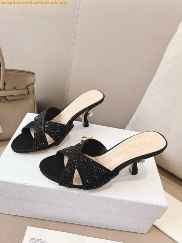 Replica Dior Tribales Heeled Slide Sandals in Black Suede and Strass 4