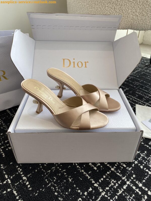 Replica Dior Tribales Heeled Slide Sandals in Nude Satin 5