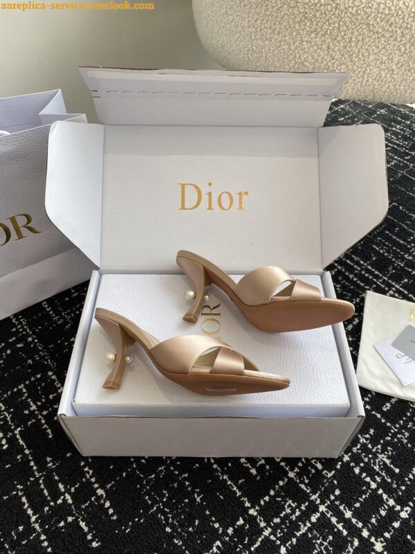 Replica Dior Tribales Heeled Slide Sandals in Nude Satin 9