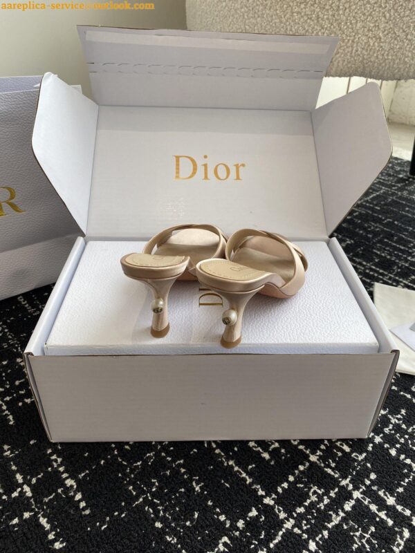 Replica Dior Tribales Heeled Slide Sandals in Nude Satin 10