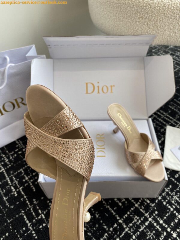 Replica Dior Tribales Heeled Slide Sandals in Nude Suede and Strass 4