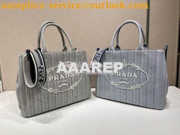 Replica Prada Medium Logo Ricamo Jacquard Tote 1BA342 Blue