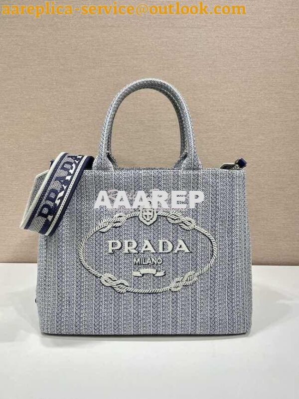 Replica Prada Medium Logo Ricamo Jacquard Tote 1BA342 Blue 2