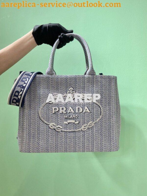 Replica Prada Medium Logo Ricamo Jacquard Tote 1BA342 Blue 3