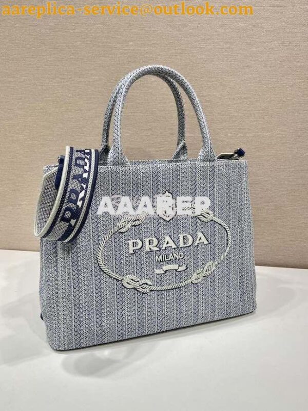 Replica Prada Medium Logo Ricamo Jacquard Tote 1BA342 Blue 4