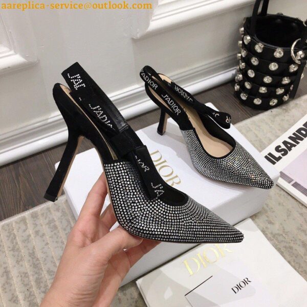 Replica Dior J'Adior Slingback Pumps 100mm In Black Suede With Strass 7