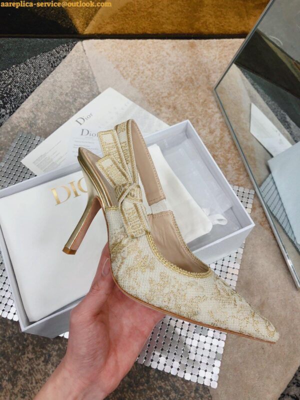 Replica Dior J'Adior Slingback Pumps 100mm In Gold Toile de Jouy Cotton 3