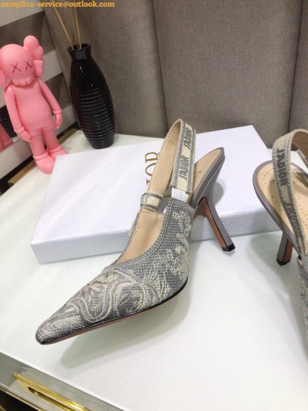 Replica Dior J'Adior Slingback Pumps 100mm In Gray Toile de Jouy Reverse 12