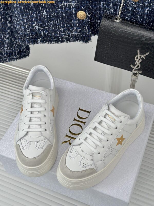 Replica Dior Star Platform Sneakers in White Calfskin with Gold Star 14