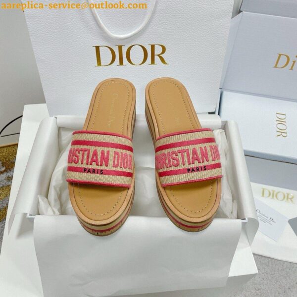 Replica Dior Dioriviera Dway Platform Slides in Raffia and Pink Embroidered Cotton 3