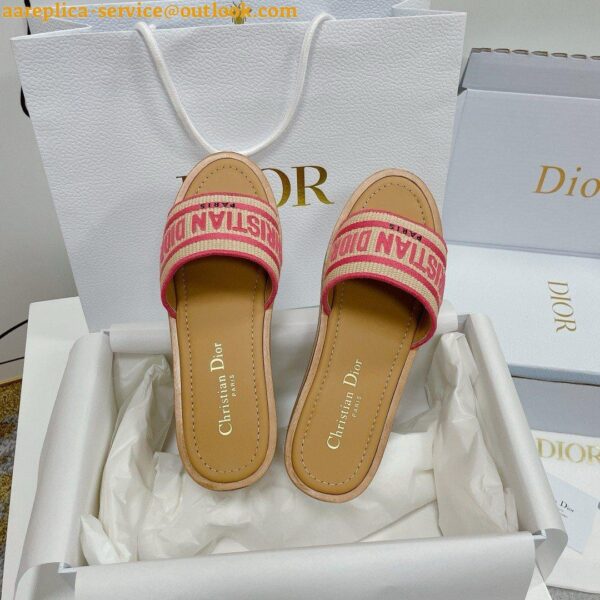 Replica Dior Dioriviera Dway Platform Slides in Raffia and Pink Embroidered Cotton 7