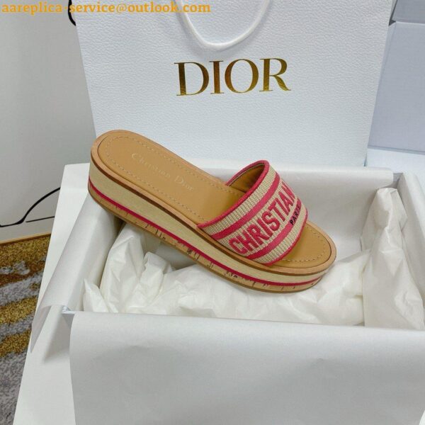 Replica Dior Dioriviera Dway Platform Slides in Raffia and Pink Embroidered Cotton 8