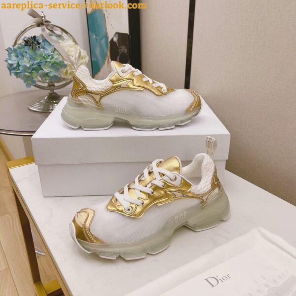 Replica Dior Vibe Sneakers In White Mesh and Gold Leather 4